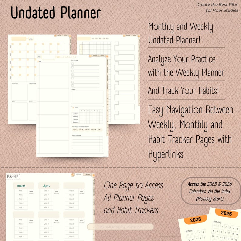May include: Undated planner with monthly and weekly calendars, habit trackers, and hyperlinks. The planner includes access to 2025 and 2026 calendars.