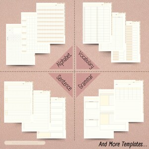 May include: A set of printable worksheets for learning English. The worksheets include sections for alphabet, sentence, vocabulary, and grammar. The worksheets are designed to help students learn and practice their English skills.