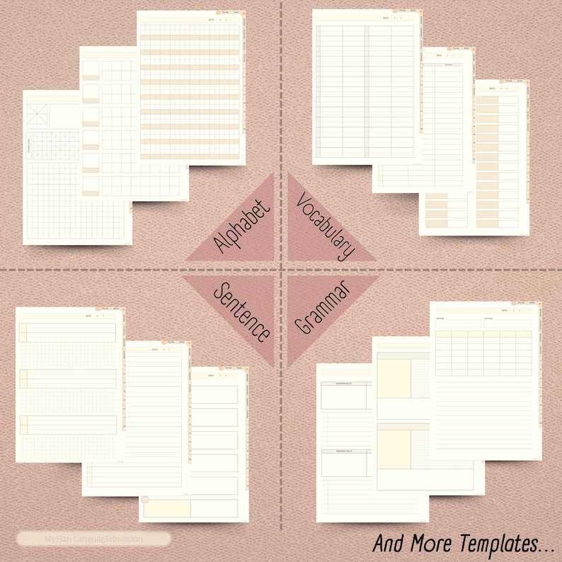 May include: A set of printable worksheets for learning English. The worksheets include sections for alphabet, sentence, vocabulary, and grammar. The worksheets are designed to help students learn and practice their English skills.