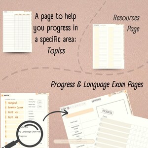 May include: A printable planner page with a light brown background and a cream-colored grid. The page is titled "Progress & Language Exam Pages" and includes sections for tracking exam dates, registration periods, scores, and exam results.