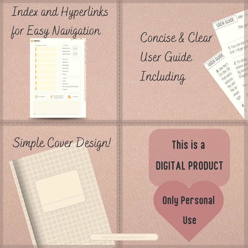 May include: A digital product user guide with a simple cover design. The guide includes an index and hyperlinks for easy navigation. The text on the cover reads "Concise & Clear User Guide Including". The text on the bottom of the cover reads "MyHan Learning Education".