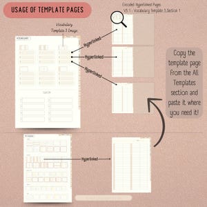 May include: A guide on how to use template pages for vocabulary. The image shows a vocabulary template with three sections, each with a different layout. The template is labeled "Vocabulary Template 3 Image". The image also shows a section labeled "All Templates" with a template page that can be copied and pasted into the vocabulary template.