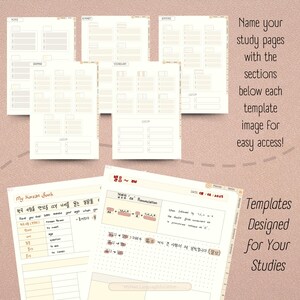 May include: A set of printable Korean language study templates with sections for notes, grammar, vocabulary, and custom topics. The templates are designed for easy access and include a section for pronunciation rules.