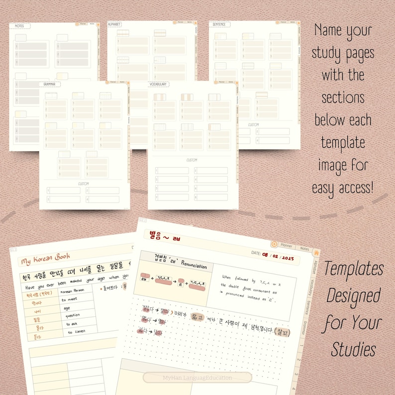 May include: A set of printable Korean language study templates with sections for notes, grammar, vocabulary, and custom topics. The templates are designed for easy access and include a section for pronunciation rules.