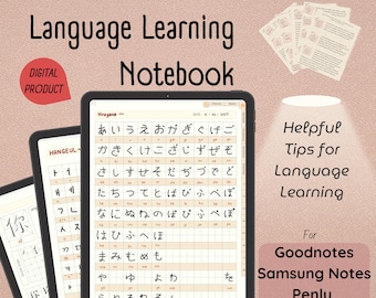 Language Learning Notebook, Undated Planner, Hyperlinked Workbook, Study and Learn Korean, Japanese, Chinese, Spanish