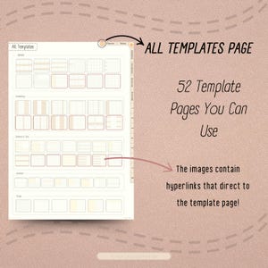 May include: A page showing 52 different planner templates. The page is titled "All Templates Page". The templates are organized into categories, such as "Calendar", "Vocabulary", "Sentence of the Day", "Brainstorm", and "Notes".