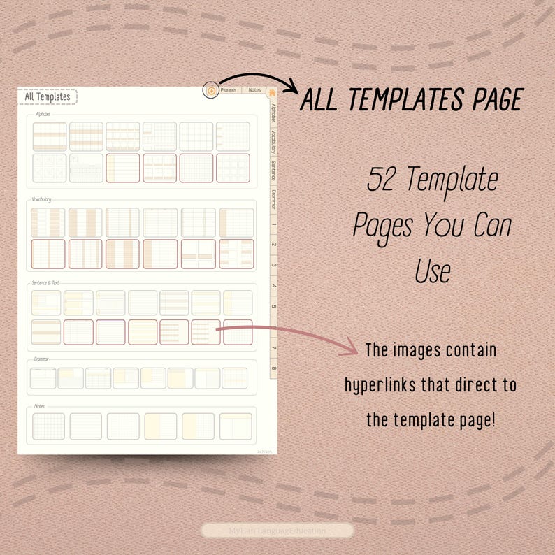 May include: A page showing 52 different planner templates. The page is titled "All Templates Page". The templates are organized into categories, such as "Calendar", "Vocabulary", "Sentence of the Day", "Brainstorm", and "Notes".