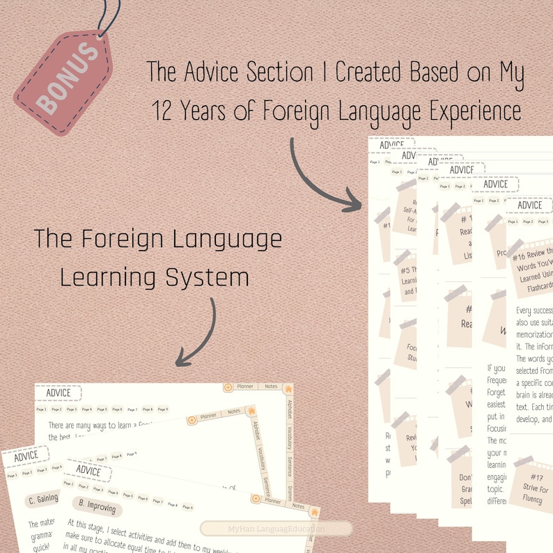May include: A digital printable worksheet with the title "The Foreign Language Learning System" and a list of advice tips for learning a foreign language. The advice tips are numbered and include phrases like "Set-up for Learning", "Read Lists", "Learn and Improve", "Review", "Focus, Stay Focused", "Put in the Time", "Don't Spell Grammar", and "Strive for Fluency".