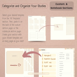 May include: A pink and beige printable planner with a section for a custom index, planner, and notes. The index section has a list of notebook sections, including Hangeul, Spanish Course, JLPT N2, and JLPT N3. The planner section has a monthly plan, weekly plan, and habit tracker. The notes section has sections for alphabet, vocabulary, sentence, grammar, and notes.