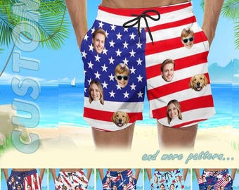 Custom Face American Flag Swim Trunks ,Personalized Photo Board Shorts for Men, 4th of July Patriotic Swimsuit Gift, Men Face Swimsuit,