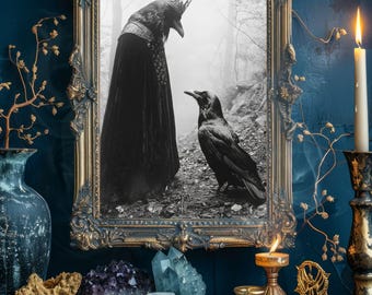 May include: A framed black and white print of two ravens, one wearing a crown and long cloak. The ornate gold frame is set against a dark blue wall. The scene includes candles, crystals, and tarot cards, creating a mystical aesthetic.