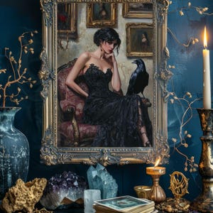 May include: An ornate gold framed painting of a woman in a black dress seated with a raven. The painting is surrounded by candles, crystals, tarot cards, and other decorative items. The background is a dark blue wall.