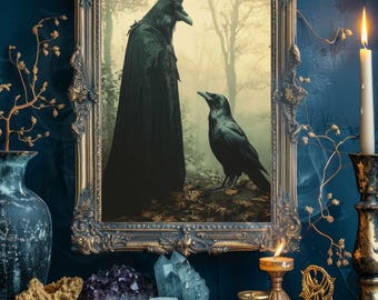 May include: A framed artwork depicts two ravens in a forest setting, one wearing a crown and cloak. The ornate gold frame surrounds the image, which is set against a dark blue wall. Crystals, candles, and tarot cards are arranged on a wooden surface.