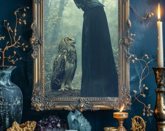 May include: A framed image of an owl and a figure in a black cloak and crown. The ornate gold frame is set against a dark blue wall. A lit candle, crystals, and tarot cards are on a wooden surface in front of the frame. Decorative elements include a vase and a small golden candle holder.
