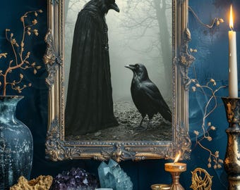 May include: A framed image of a crow-like figure in a black cloak and crown, facing a raven. The scene is set in a misty forest. The image is surrounded by crystals, candles, and tarot cards, creating a mystical atmosphere.