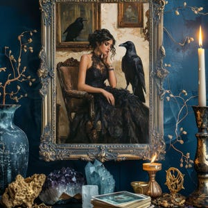 May include: A framed painting depicts a woman in a black dress with a raven. The painting is in a gold ornate frame. The scene is set on a dark wooden table with crystals, candles, and tarot cards. A vase and other decorative items are also present.