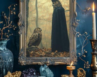 May include: Ornate gold framed artwork featuring an owl and a figure in a black cloak with a crown. The artwork is displayed on a dark wooden surface with crystals, candles, and tarot cards. A vase and decorative branches are on the left.