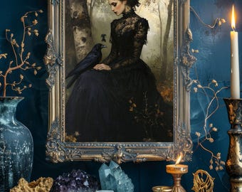 May include: A framed portrait of a woman in a black dress with a raven, set against a forest backdrop. The ornate gold frame is surrounded by candles, crystals, and tarot cards, creating a gothic and mystical aesthetic.