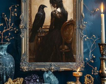 May include: An ornate gold framed painting depicts a woman in a black dress with a raven. The painting is surrounded by crystals, candles, and tarot cards. The scene evokes a gothic or mystical theme.