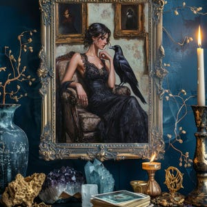 May include: An ornate gold framed painting depicts a woman in a black dress with a raven. The painting is surrounded by candles, crystals, and tarot cards, creating a mystical and gothic aesthetic.