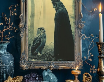 May include: An ornate gold framed print featuring two owls in a forest setting. One owl wears a crown and a black cloak. The scene is set on a dark wooden table with crystals, candles, and tarot cards, creating a mystical ambiance.