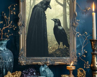 May include: An ornate gold framed picture featuring a crow-like figure wearing a crown and cape, facing a black crow in a forest setting. The image is surrounded by candles, crystals, and a stack of tarot cards, creating a mystical ambiance.