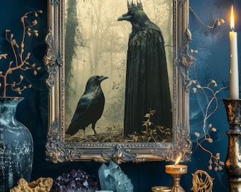 May include: An ornate gold framed picture featuring two ravens, one wearing a crown and cape. The image is set against a dark blue wall, with candles, crystals, and tarot cards on a wooden surface, creating a mystical ambiance.