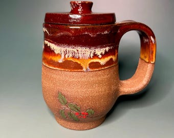 Lidded Mug, Lid, Coffee Cup, Ceramic Mug, Holly, Holiday, Handmade