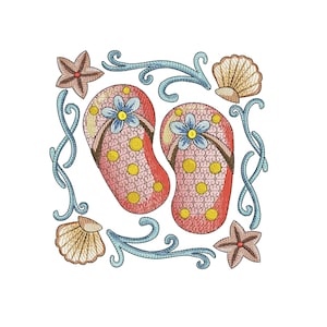 May include: Embroidered design featuring pink flip-flops with yellow polka dots and blue flower accents. The design is framed by seashells, starfish, and blue swirling lines, all on a white background.