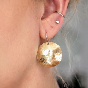 Solar Glow Disks - Hammered Brass Disk Earrings, Boho Festival Jewellery, Handmade Statement Drops.