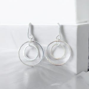 Sterling Silver Circles Drop Earrings with Hammered Texture