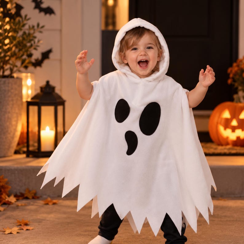 May include: A white hooded ghost poncho costume featuring a black felt face with two oval eyes and a teardrop-shaped mouth. The hem of the white fabric is cut into jagged, triangular points to resemble a classic ghost silhouette for Halloween.