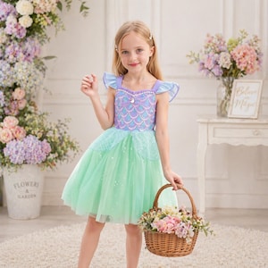 May include: A little girl wearing a mermaid-themed dress with a bodice of purple and blue scales, a mint green tulle skirt, and ruffled sleeves. She holds a woven basket filled with flowers. The dress has a pearl-like embellishment at the neckline.