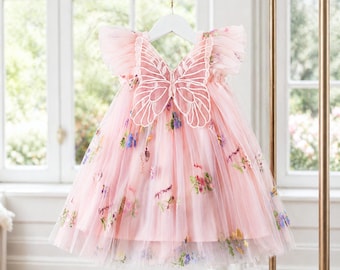 Pink Butterfly Dress: Tulle Fairy Wings, Birthday Party, Cake Smash