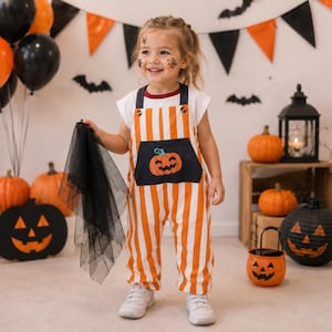May include: A child wearing a white t-shirt under orange and white striped overalls featuring a black chest pocket with a printed orange jack-o'-lantern. The child holds a piece of black tulle fabric and has small spider web face paint designs.