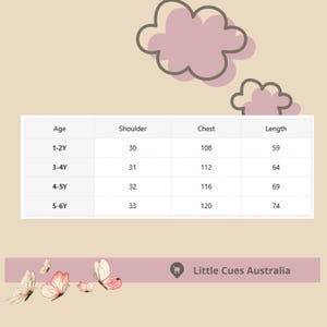 May include: A size chart table for children's clothing with columns for age, shoulder, chest, and length measurements. The table includes rows for ages 1-2Y, 3-4Y, 4-5Y, and 5-6Y. The background features pink cloud illustrations and butterflies.