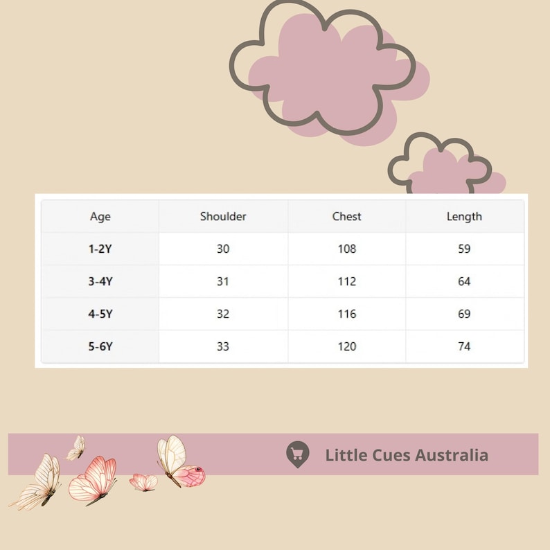 May include: A size chart table for children's clothing with columns for age, shoulder, chest, and length measurements. The table includes rows for ages 1-2Y, 3-4Y, 4-5Y, and 5-6Y. The background features pink cloud illustrations and butterflies.