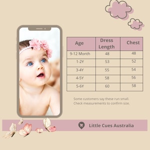 Peut inclure: Une petite fille aux yeux bleus et portant un bandeau floral rose est affich&eacute;e sur un &eacute;cran de t&eacute;l&eacute;phone. Un tableau indique les mesures de la longueur des robes et de la poitrine en centim&egrave;tres pour diff&eacute;rents &acirc;ges, de 9-12 mois &agrave; 5-6 ans. Le texte "Little Cues Australia" est &eacute;galement visible.