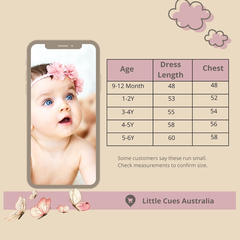 Peut inclure: Une petite fille aux yeux bleus et portant un bandeau floral rose est affich&eacute;e sur un &eacute;cran de t&eacute;l&eacute;phone. Un tableau indique les mesures de la longueur des robes et de la poitrine en centim&egrave;tres pour diff&eacute;rents &acirc;ges, de 9-12 mois &agrave; 5-6 ans. Le texte "Little Cues Australia" est &eacute;galement visible.