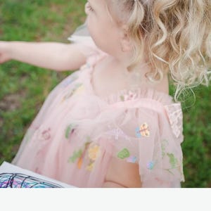 Peut inclure: Robe en tulle rose clair orn&eacute;e de broderies florales et papillons. La robe pr&eacute;sente un col &agrave; volants et des manches courtes. On aper&ccedil;oit les cheveux blonds boucl&eacute;s de l'enfant, sur un fond d'herbe verte flou.
