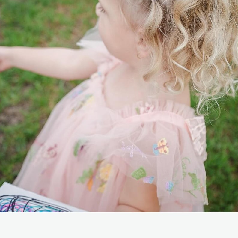 Peut inclure: Robe en tulle rose clair orn&eacute;e de broderies florales et papillons. La robe pr&eacute;sente un col &agrave; volants et des manches courtes. On aper&ccedil;oit les cheveux blonds boucl&eacute;s de l'enfant, sur un fond d'herbe verte flou.