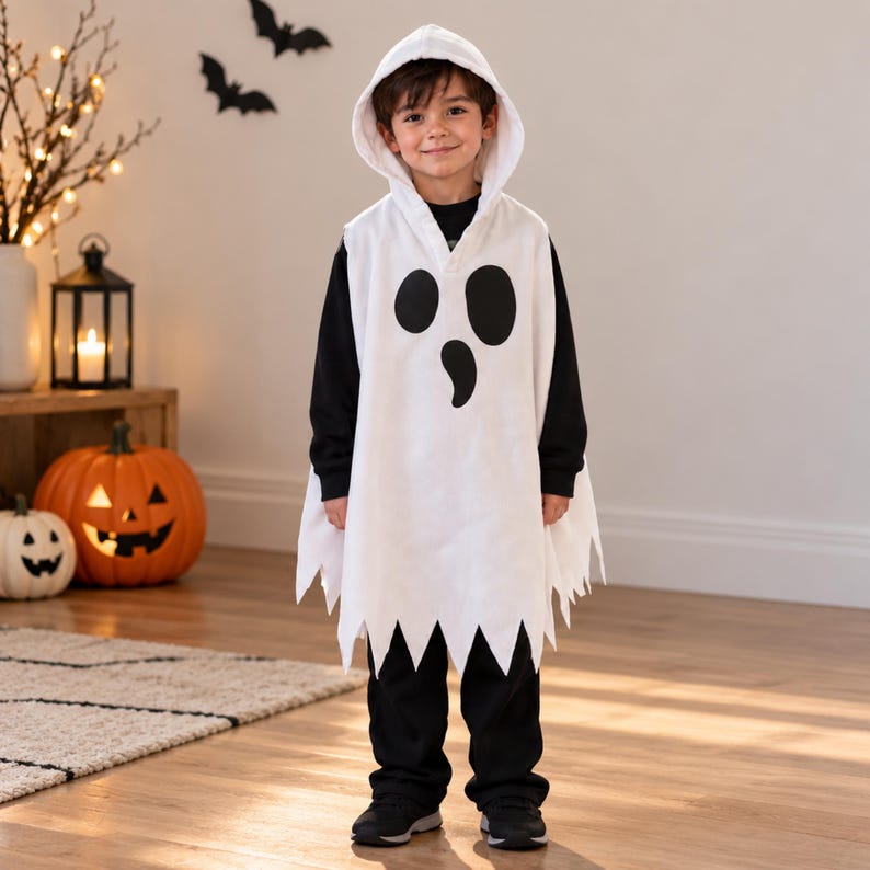 May include: A white hooded ghost poncho featuring a black printed face with two oval eyes and a teardrop-shaped mouth. The garment is worn over a black long-sleeved shirt and black pants, with a jagged, uneven hemline at the bottom of the white fabric.