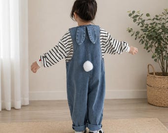 Kids' Denim Overalls with Bunny Ears and Removeable Tail