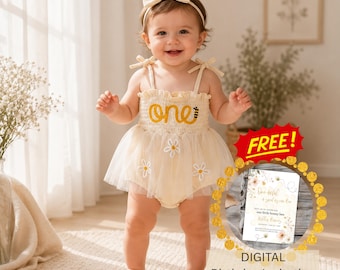 Robe abeille pour le 1er anniversaire de bébé | Robe brodée d'une abeille et de fleurs | Tenue d'anniversaire, invitation numérique gratuite