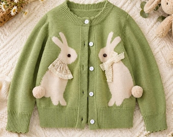 Vintage Look Girls' Jacquard Knit Cardigan Sweater with Bunny Design