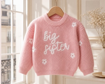 Pull Grande Sœur pour filles, pull en maille à fleurs roses, cadeau grande sœur, pull pour petite fille, tenue pour annoncer l'arrivée d'un frère ou d'une sœur, cadeau enfant