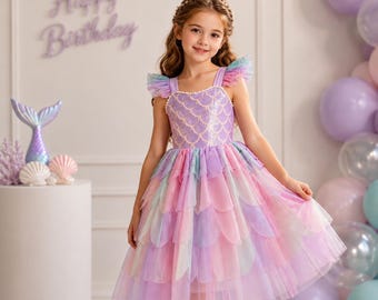 Robe de princesse sirène violette pour fille : haut à sequins, manches à volants, jupe en tulle