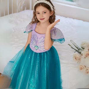Girls&#39; Mermaid Princess Dress, Teal & Purple Boho Fantasy Outfit with Shell Bodice, Sparkly Tulle Skirt, Puff Sleeves for Birthday Party
