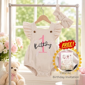 May include: A beige corduroy romper with ruffled sleeves and the number "1" and the word "Birthday" embroidered in pink and black. Includes a matching headband. A "FREE!" digital birthday invitation is also included.