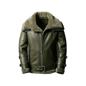 Handmade Green Leather Aviator Bomber Jacket: Faux Shearling Sheepskin